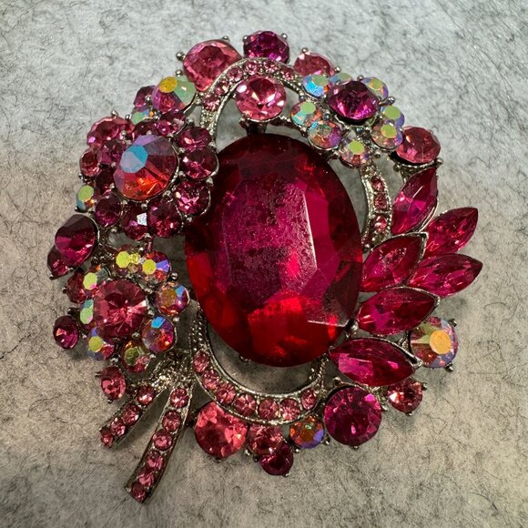 Vintage Ruby Rhinestone Brooch With Floral Design & Silver Tone AB rhinestones - Picture 1 of 8